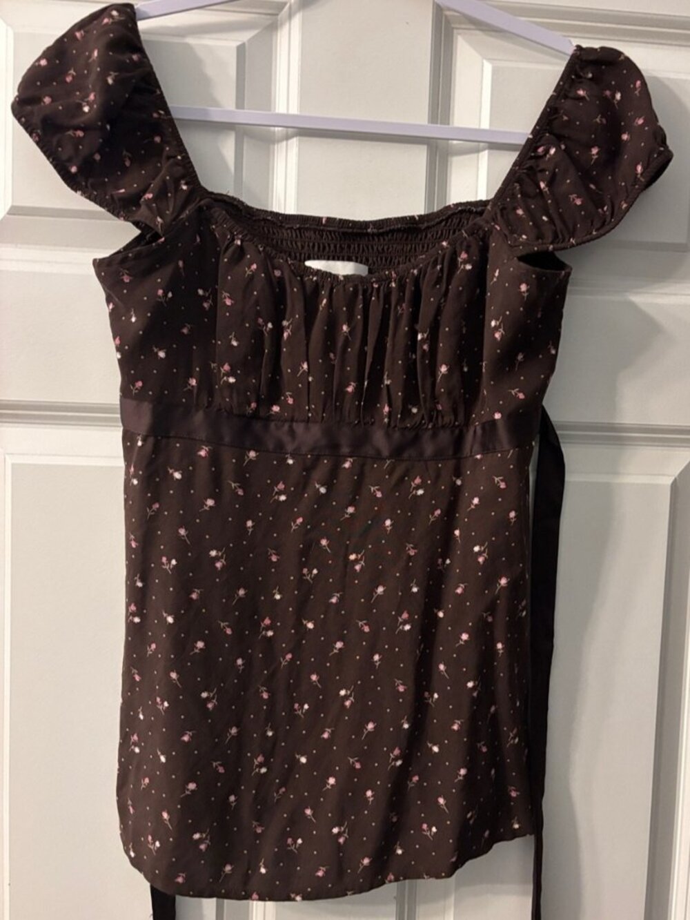 Brown Floral Ruffle-Sleeve Square Neck Top